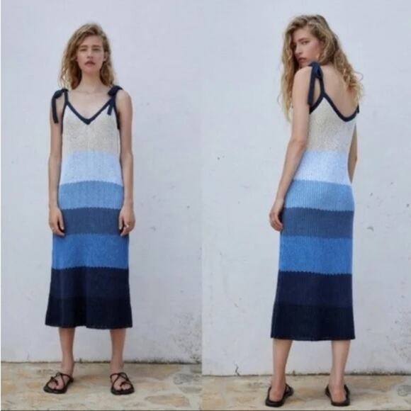 Zara Dresses & Skirts - Zara Blue Striped Tie Shoulder Crochet Knit Midi Dress Small Boho Vacation